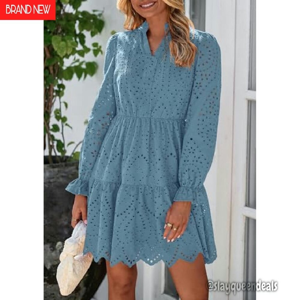 Long Puff Sleeve Mini Dress Lace V Neck A Line Ruffle Casual Party - Picture 4 of 8
